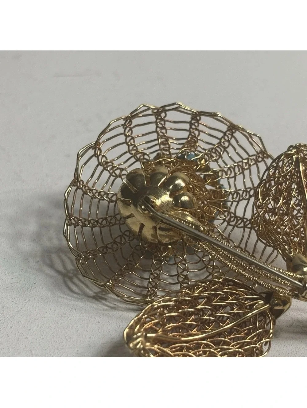 Vintage Vendome Signed Large Faux Turquoise Rhinestone Gold Tone Mesh Brooch